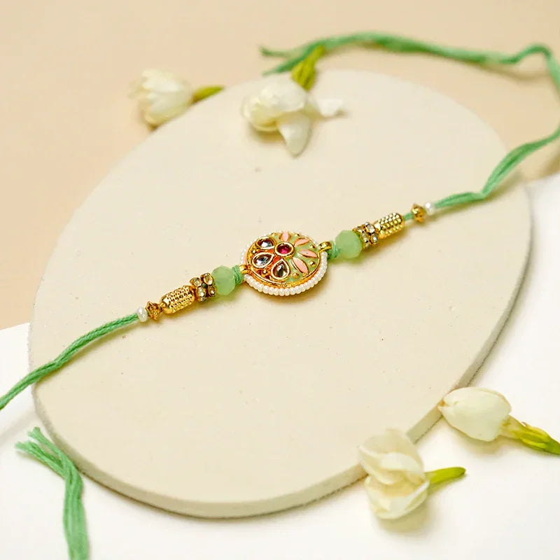 Kundan & Meenakari Pastel Green Rakhi - The Gift Studio