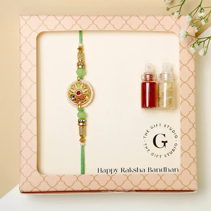 Kundan & Meenakari Pastel Green Rakhi - The Gift Studio