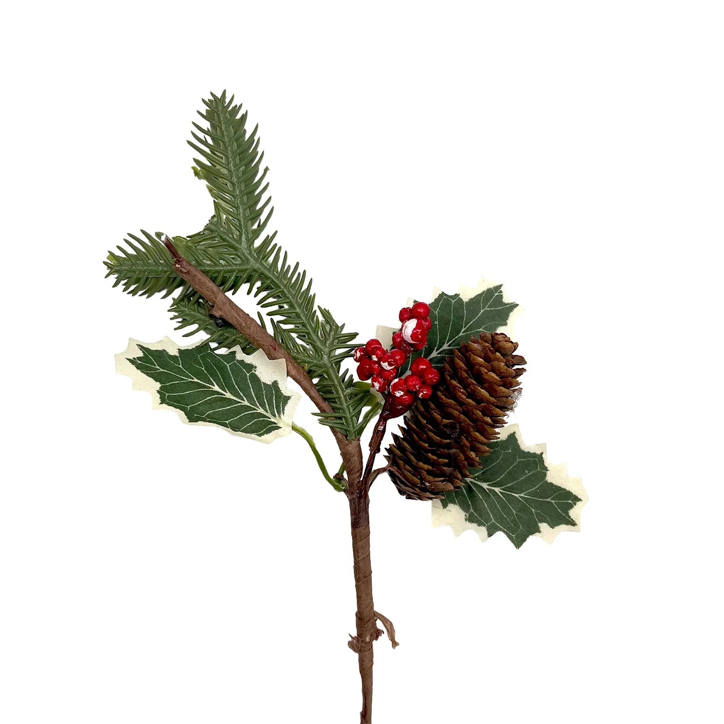 Artificial pine branch with green leaves, red berries, and pine cone for festive decor