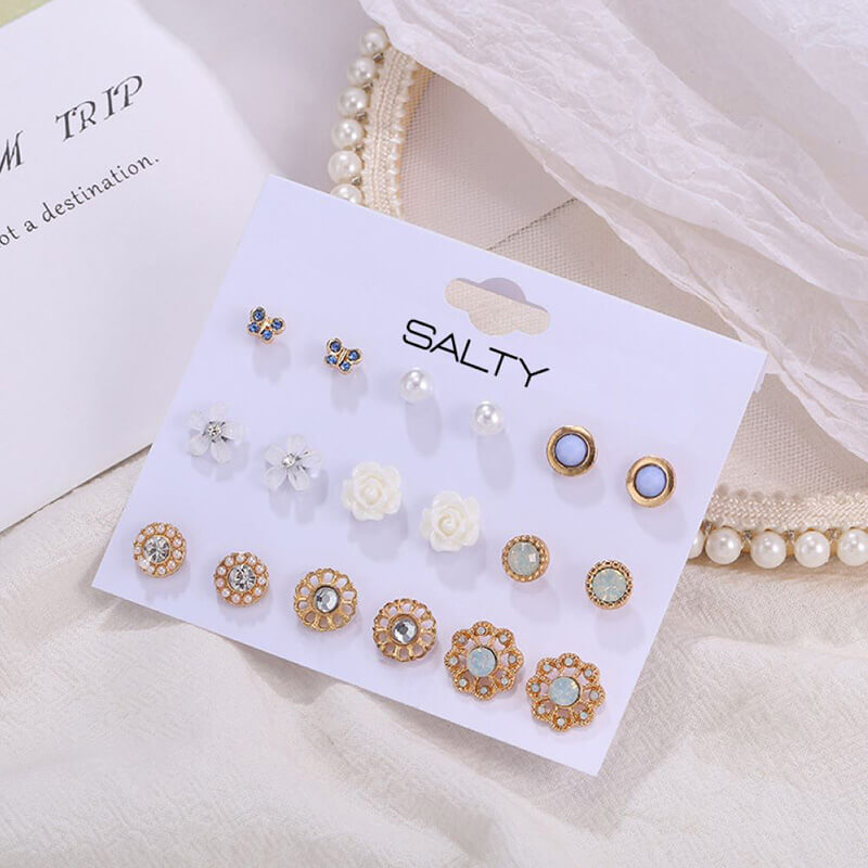 Dzner Stud Earrings - Flower Charm 9 PC