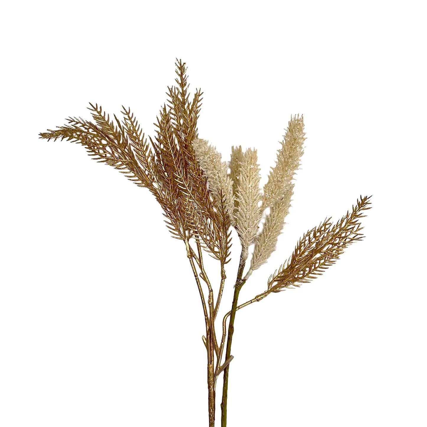 Artificial gold fern filler stems with glitter, floral arrangement decor on white background