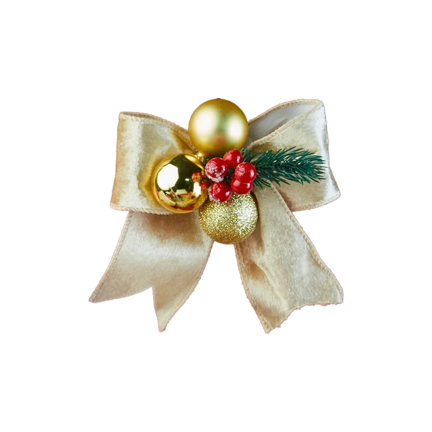 Gold velvet Christmas bow with gold ornaments, red berries, and green pine accent