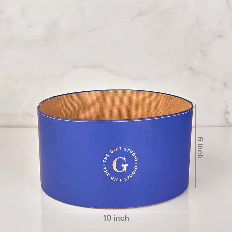 Blue Leather Round Open Basket 10X6 Inch_The Gift Studio