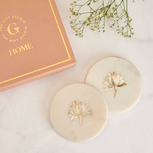 Marble Coasters with Lotus Mother of Pearl Inlay