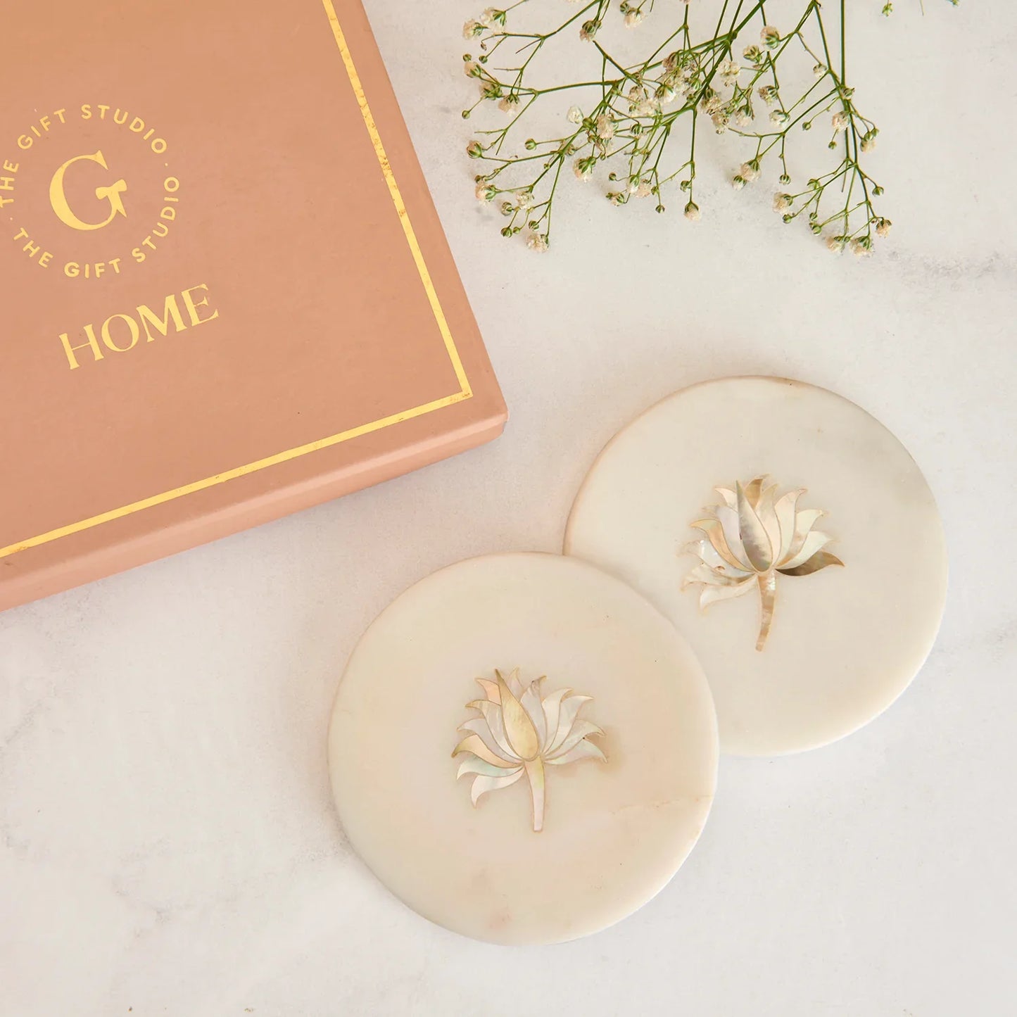Marble Coasters with Lotus Mother of Pearl Inlay