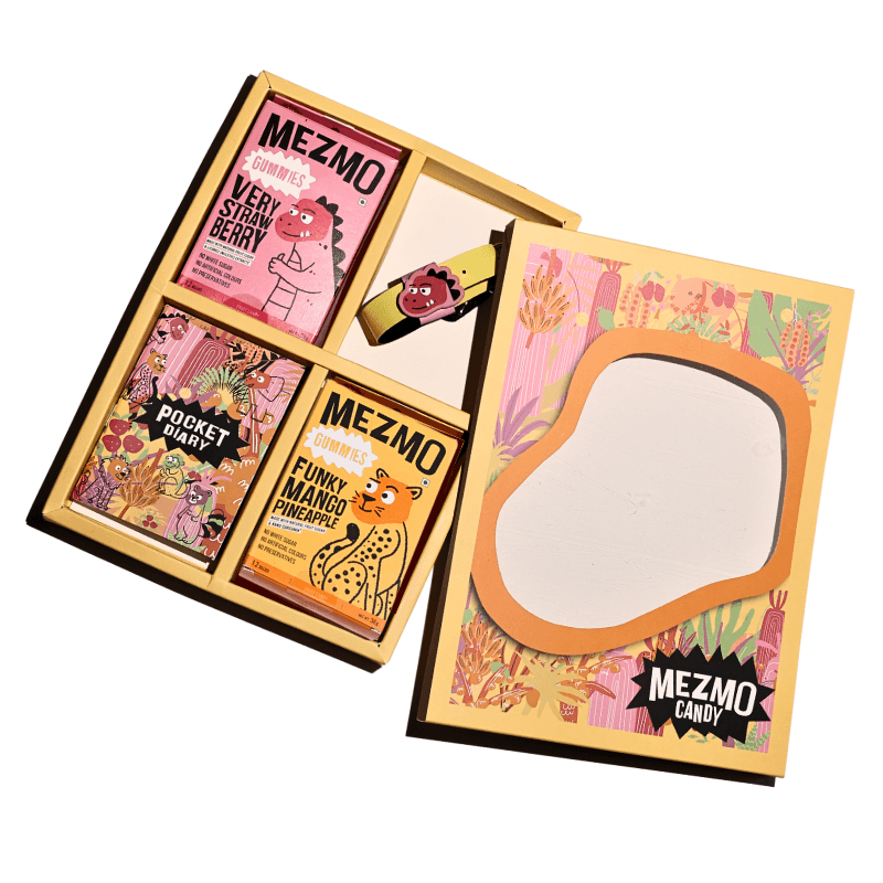 Mezmo yellow gift box with a blob window - The Gift Studio