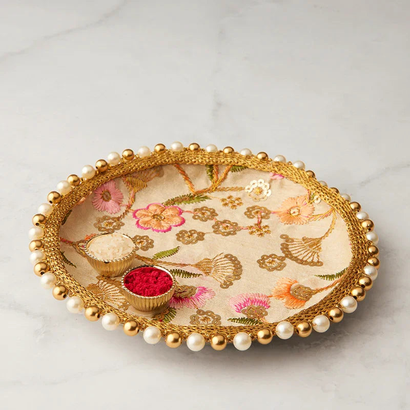 Thali floral embroidered & sequined 6.5In-The Gift Stduio