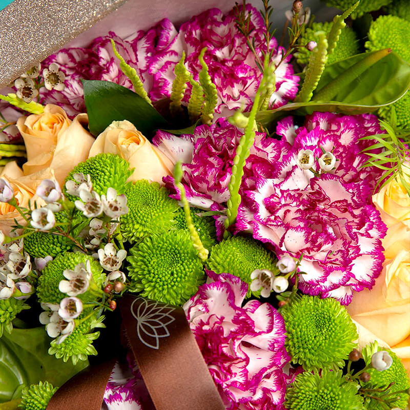 Gold Glitter Box Of Carnations, Roses, Daisy & Anthuriums