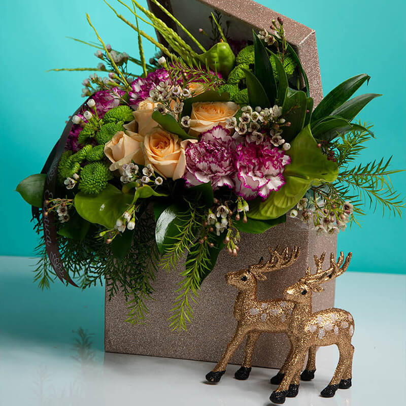 Gold Glitter Box Of Carnations, Roses, Daisy & Anthuriums
