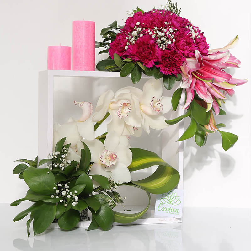 Square Wooden Base Of Carnations, Oriental Lily & Cymbidium(Exotic)