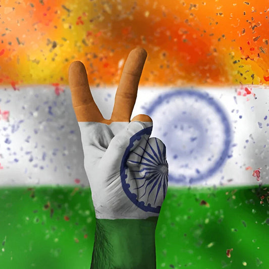 Hand painted with Indian flag colors showing victory sign against confetti and Indian flag background