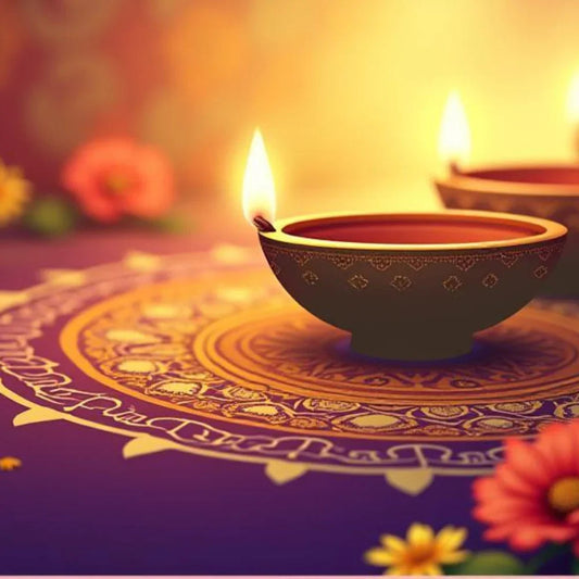 Traditional Diwali diya lamps on a decorative rangoli with flowers for festival gifting