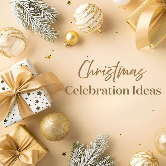 Christmas celebration ideas with gold gift boxes, ornaments, and pine branches on beige background