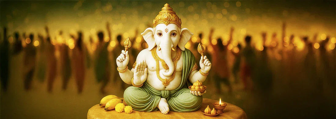 Ganesh idol with sweets, bananas, and diya lamp, festive background, Ganesh Chaturthi celebration