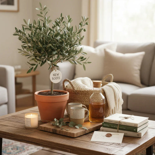 Housewarming gift set with potted plant, candle, books, and tea on coffee table in cozy living room