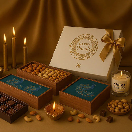 Diwali gift hamper with assorted dry fruits, chocolates, candles, and festive gift box arrangement.