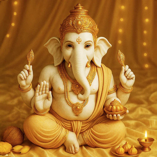 Golden Lord Ganesha idol with modaks, lamp, and festive Indian decor in the background