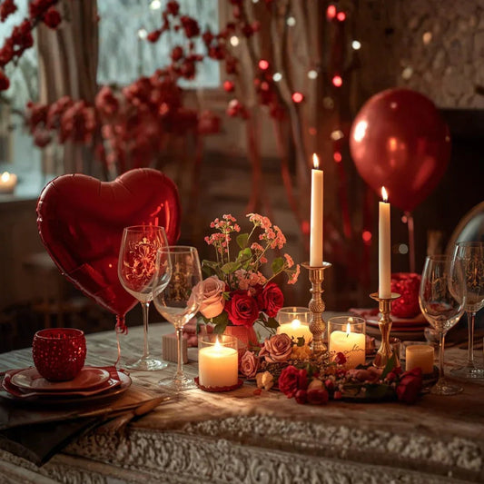 Romantic table setting with candles, red roses, heart balloon, and elegant glassware.