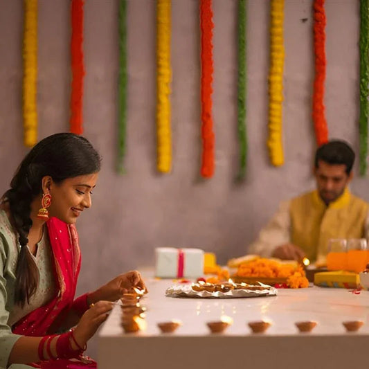Woman lighting diyas for Diwali celebration, festive gifts and decorations in the background