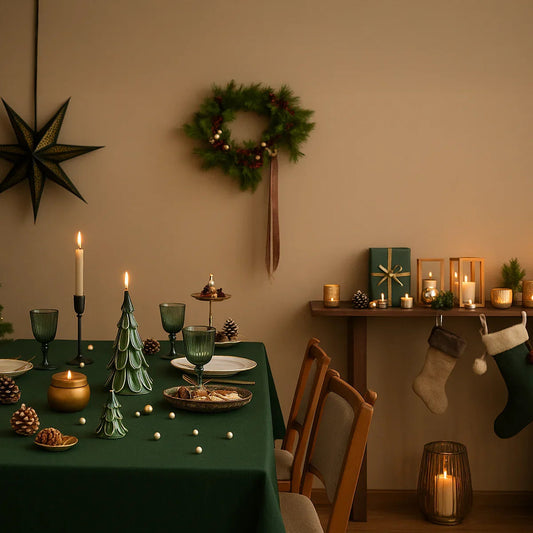 Elegant holiday dining table with green tablecloth, candles, festive decor, and Christmas stockings