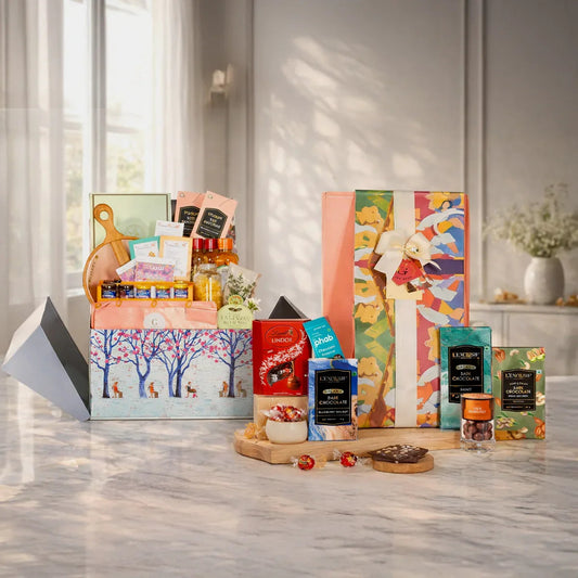 Luxury gift hampers with chocolates, snacks, and gourmet treats on a marble table.