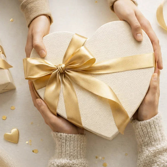 Heart-shaped gift box with gold ribbon and bow, hands exchanging present