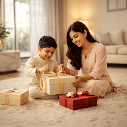 Siblings sitting together in the living area, unwrapping the gifts given by them to each other with utter joy