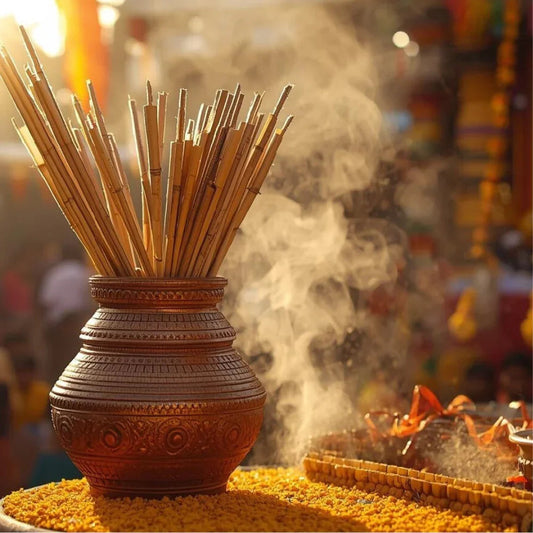 Traditional Pongal festival pot with incense sticks and steam, surrounded by marigold flowers.