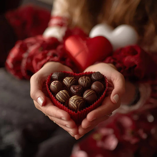 Heart-shaped box of assorted chocolates held in hands, romantic gift for Valentine’s Day.