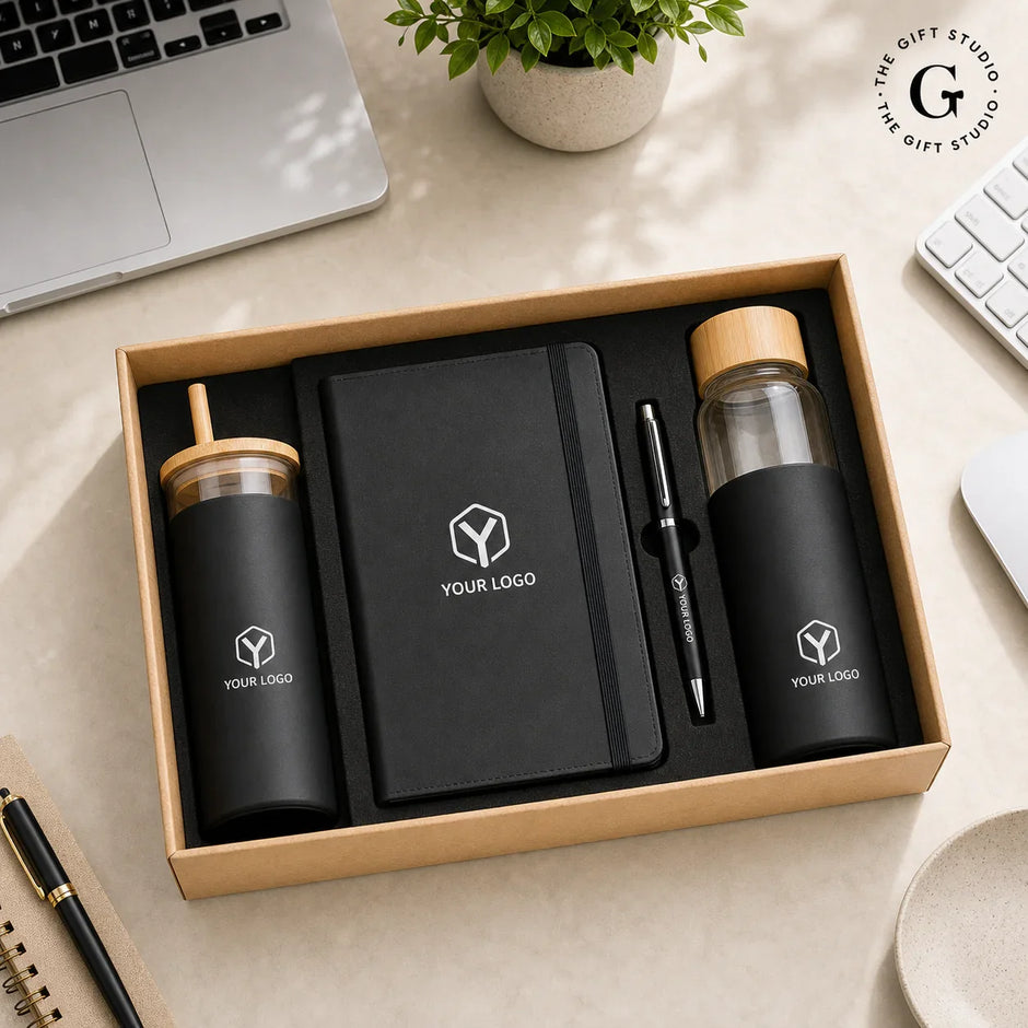 Kit corporativo de escritorio con libreta, pluma y botellas personalizadas