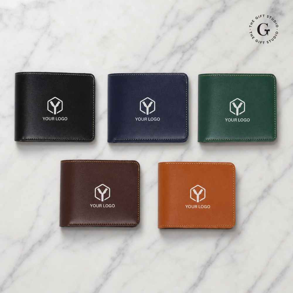 Men Leather wallets in black, blue, green, brown, and orange with TGS logo.
