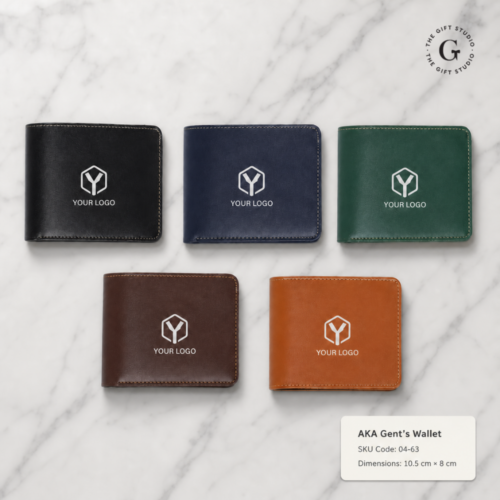 Men Leather wallets in black, blue, green, brown, and orange with TGS logo.