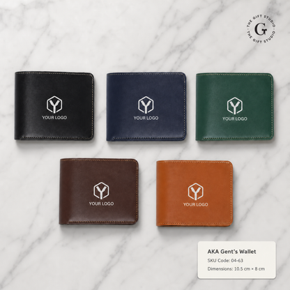 Men Leather wallets in black, blue, green, brown, and orange with TGS logo.