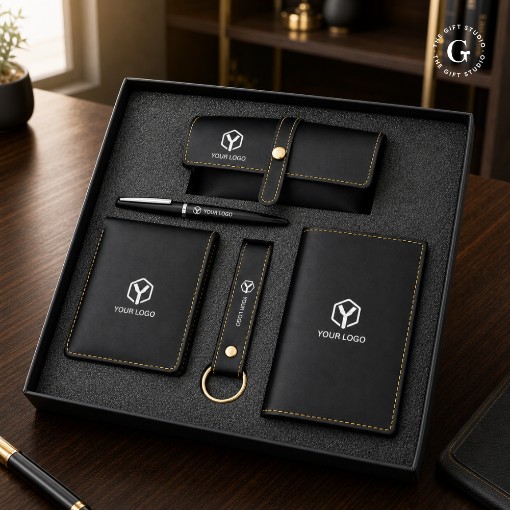 Black branded stationery set with metal pen, eyewear case, wallet, keychain and passport cover with TGS branding.