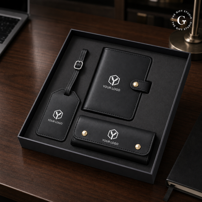 Black leather luggage tag, passport holder and a eyewear case with TGS branding and a luxury gifting box.