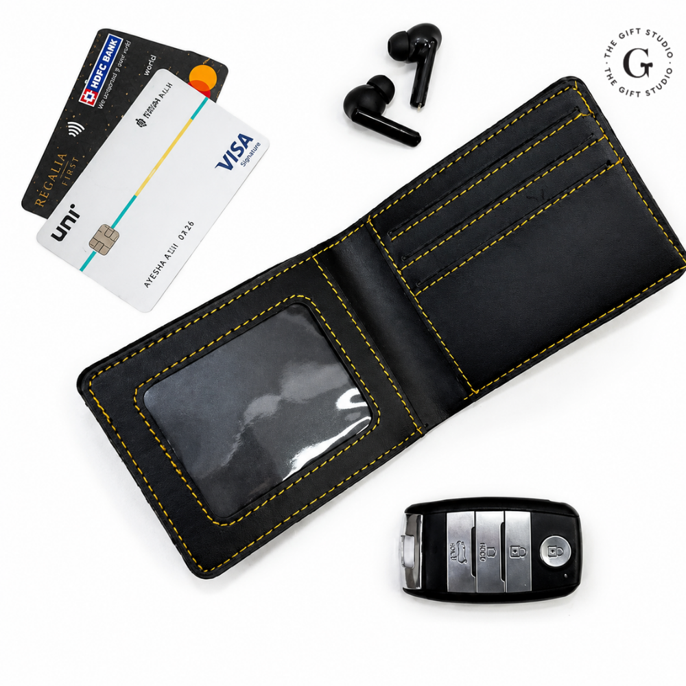 Men Leather wallets in black, blue, green, brown, and orange with TGS logo.