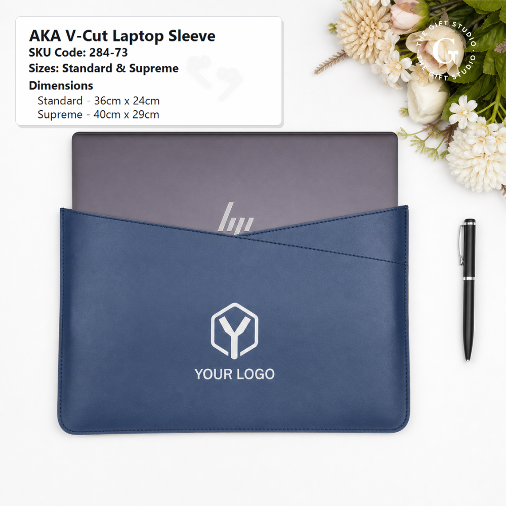 Navy blue laptop sleeve with a TGS branding logo
