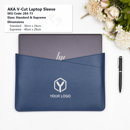 Navy blue laptop sleeve with a TGS branding logo