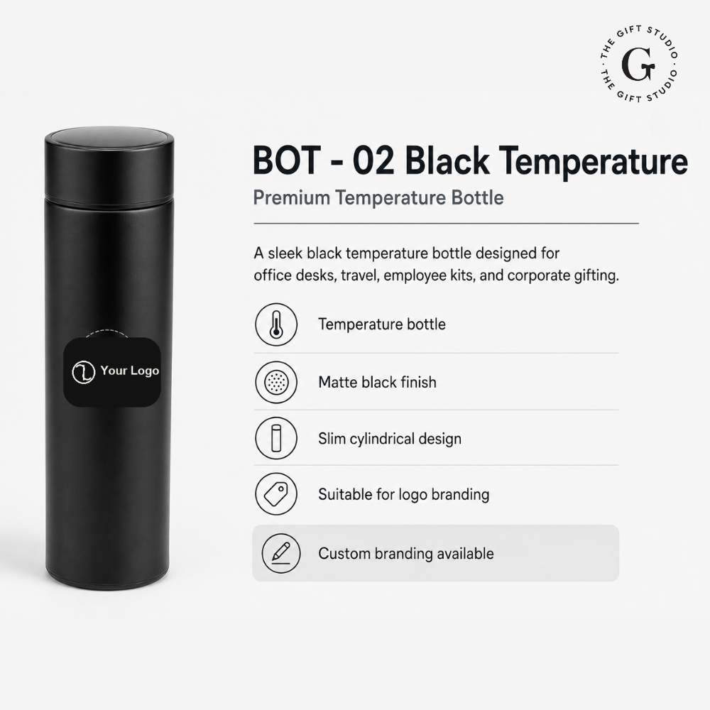 Black temperature bottle on a desk with featuring TGS branding 