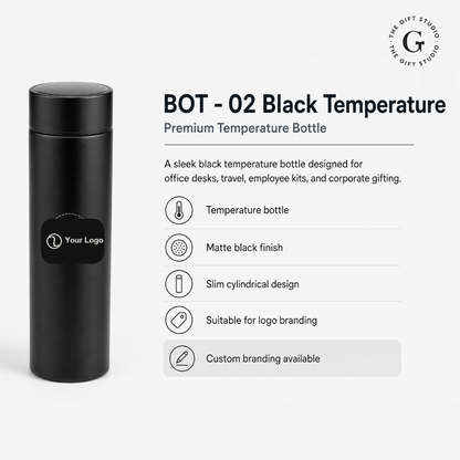 Black temperature bottle on a desk with featuring TGS branding 