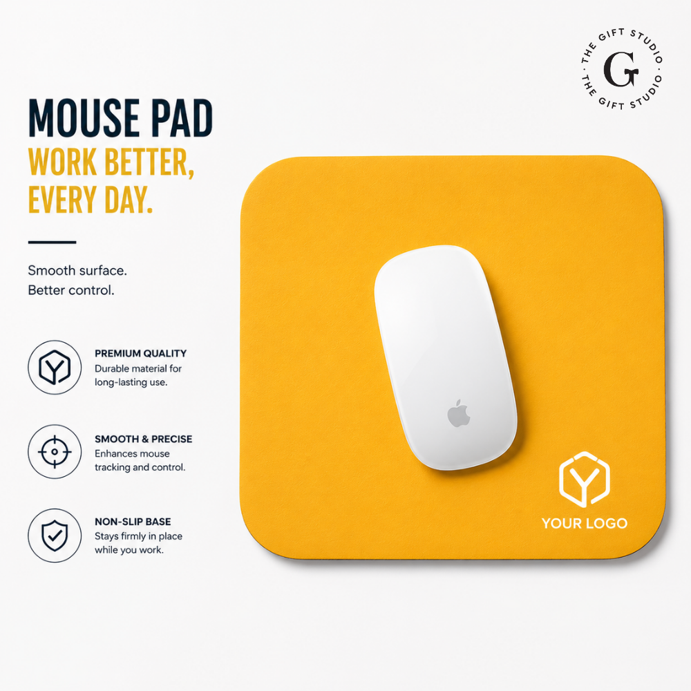 Yellow mouse pad featuring 'Your Logo' and 'The Gift Studio' branding.