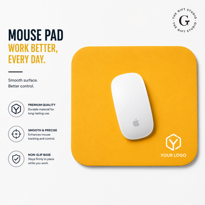 Yellow mouse pad featuring 'Your Logo' and 'The Gift Studio' branding.