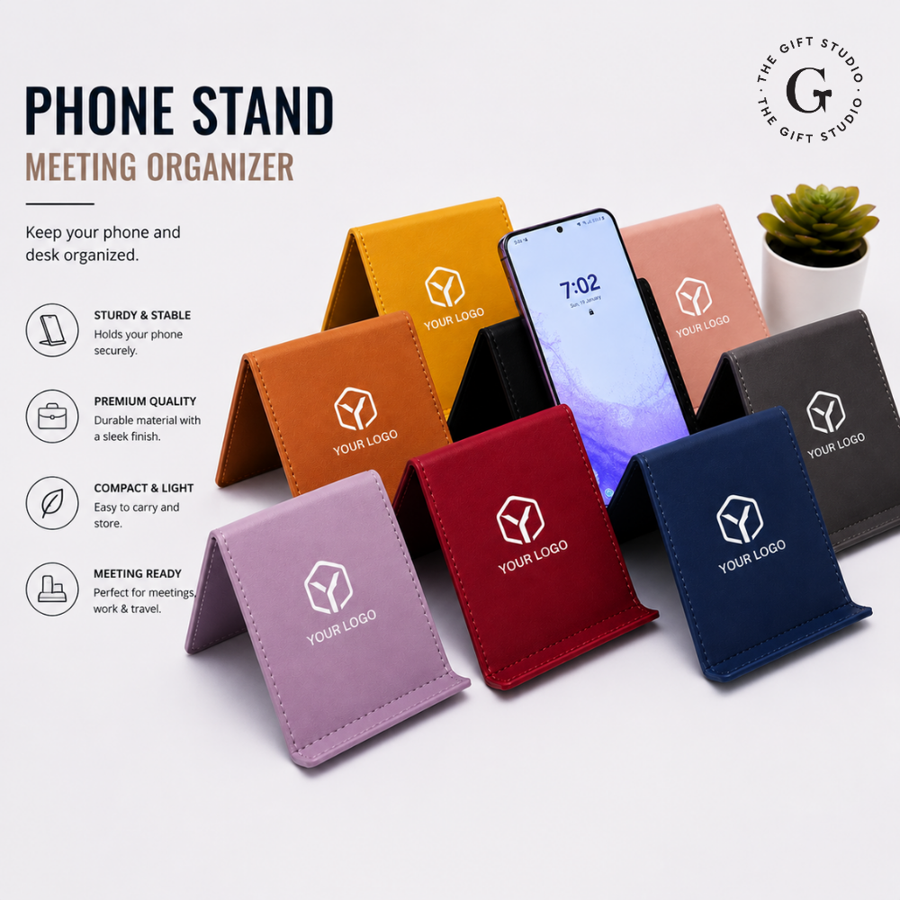 Leather mobile stands with 'YOUR LOGO' with TS branding.