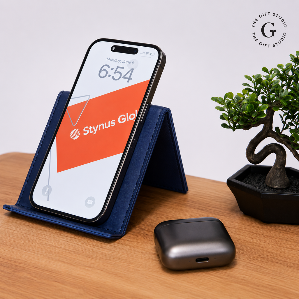 Leather mobile stands with 'YOUR LOGO' with TS branding