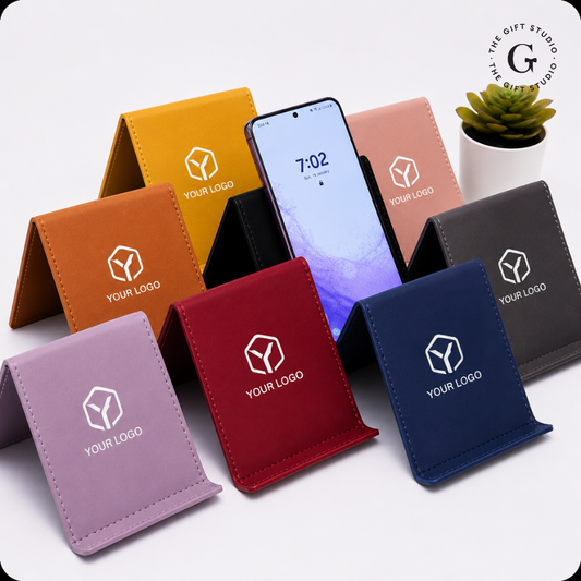 Leather mobile stands with 'YOUR LOGO' with TS branding.