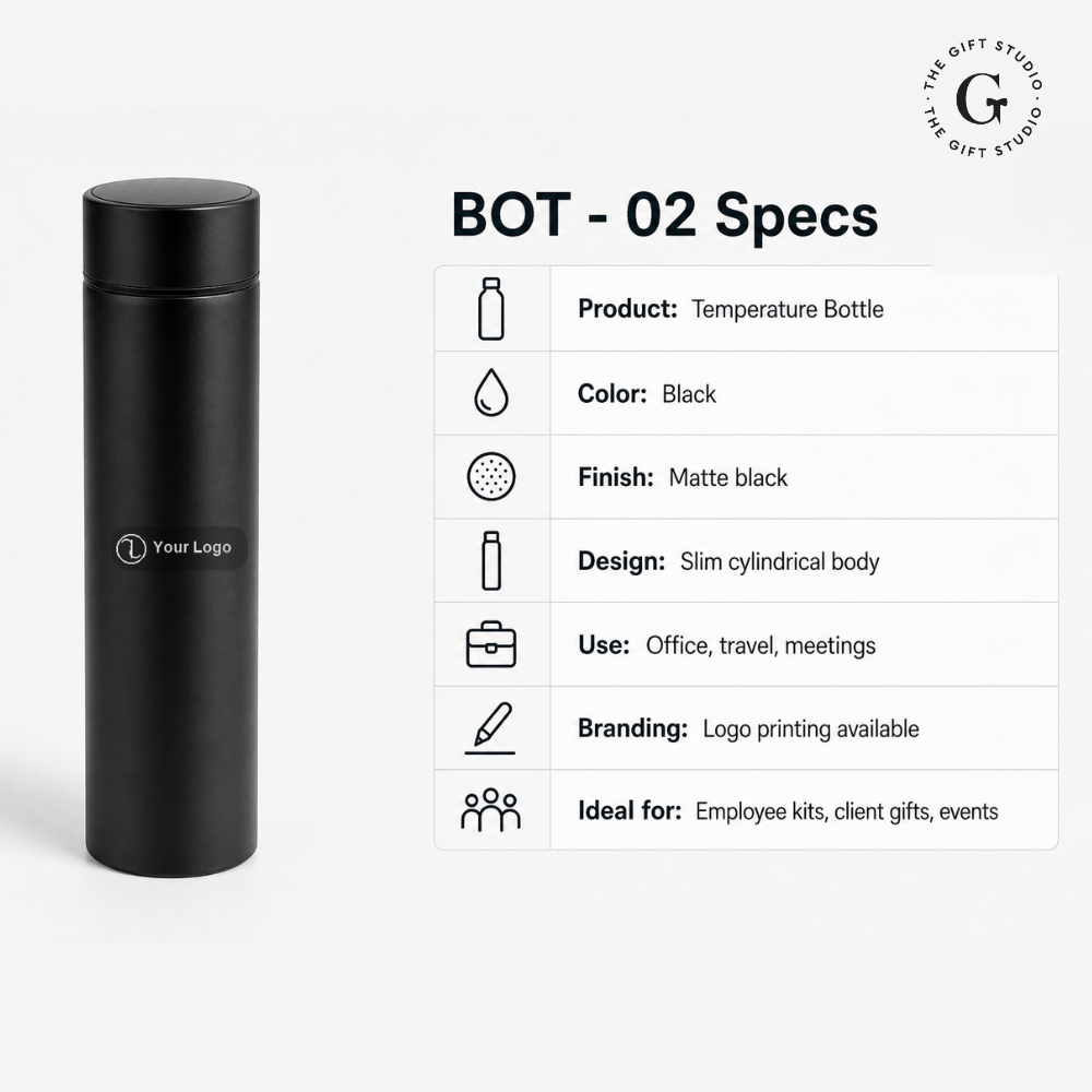 Black temperature bottle on a desk with featuring TGS branding 