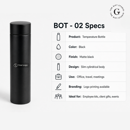 Black temperature bottle on a desk with featuring TGS branding 