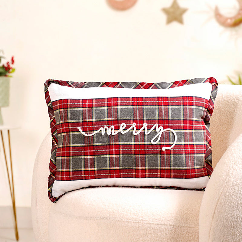 Plaid Merry Christmas Cushion Cover 20x14 Inch