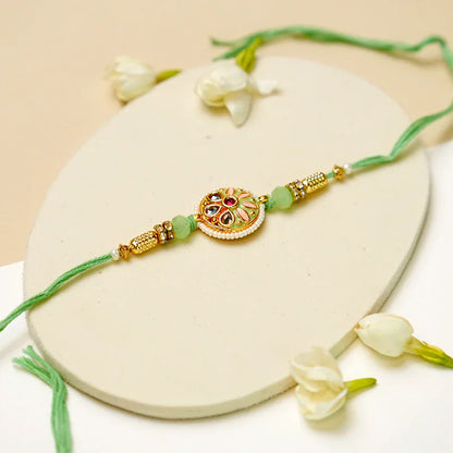 Kundan & Meenakari Pastel Green Rakhi - The Gift Studio