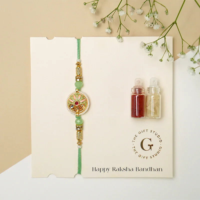 Kundan & Meenakari Pastel Green Rakhi - The Gift Studio